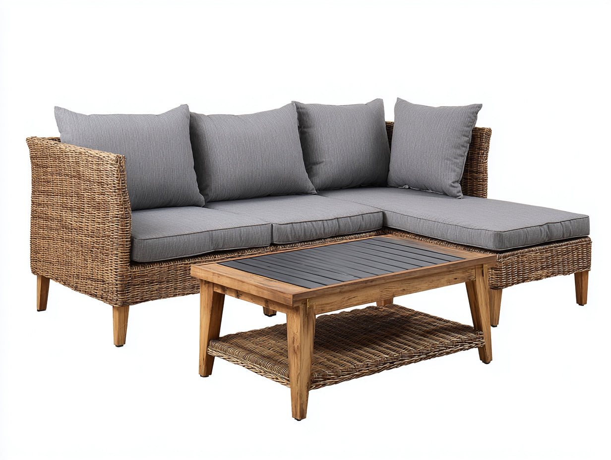 Divani da esterno - rattan PE-legno-tessuto - 238x160x76 cm - marrone naturale-grigio - stile lounge moderno