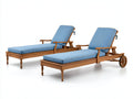 Lettino prendisole-legno-teak-tessuto tecnico-200x75x95 cm-legno naturale-blu-stile moderno da esterno con ruote