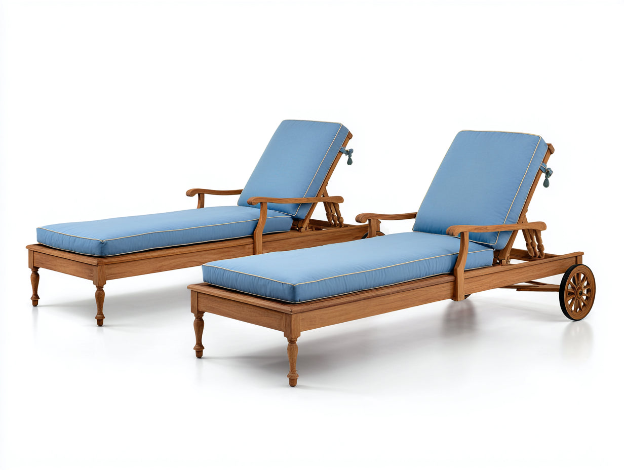 Lettino prendisole-legno-teak-tessuto tecnico-200x75x95 cm-legno naturale-blu-stile moderno da esterno con ruote