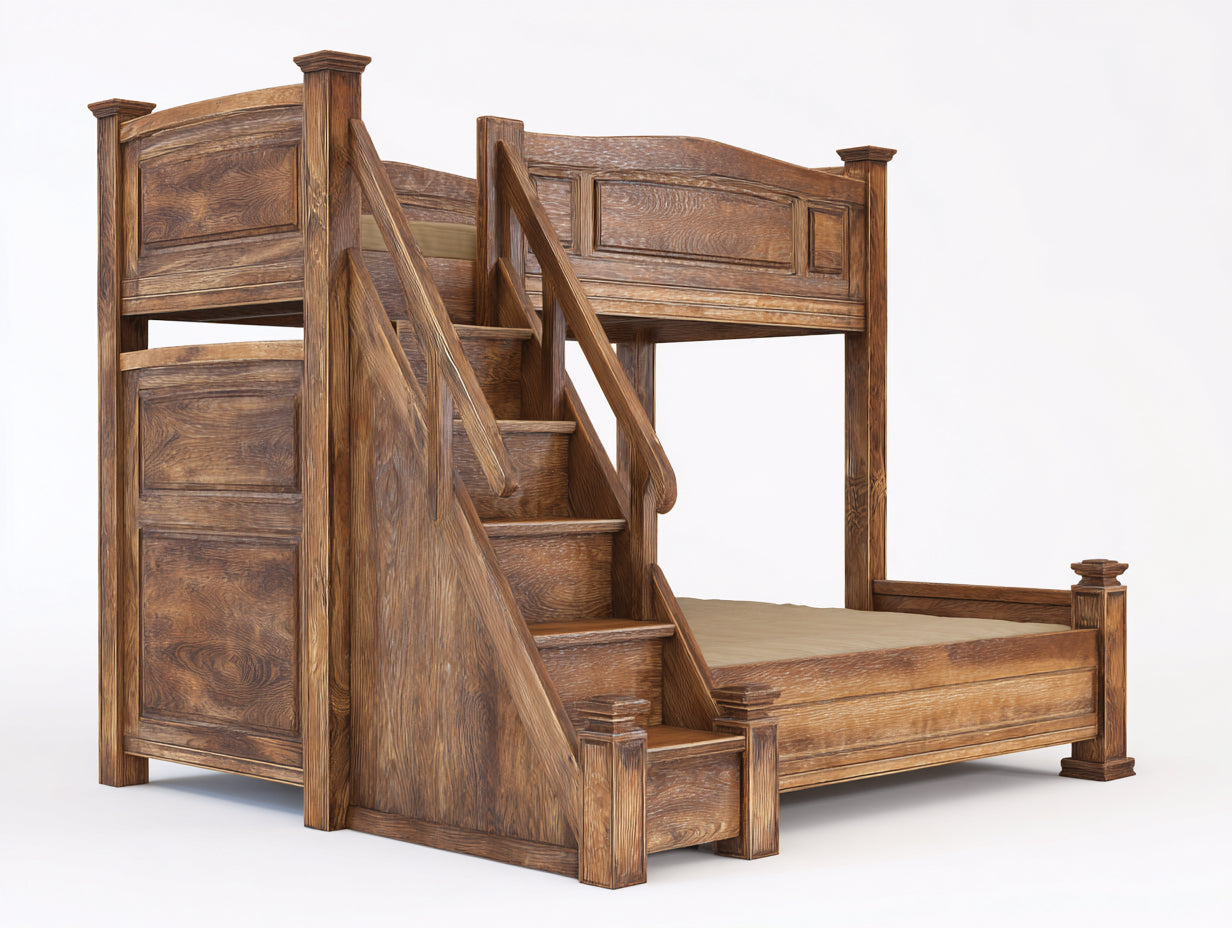 Letti a castello con scala - legno massello di quercia - 215x120x185 cm - rovere scuro antico - stile rustico americano