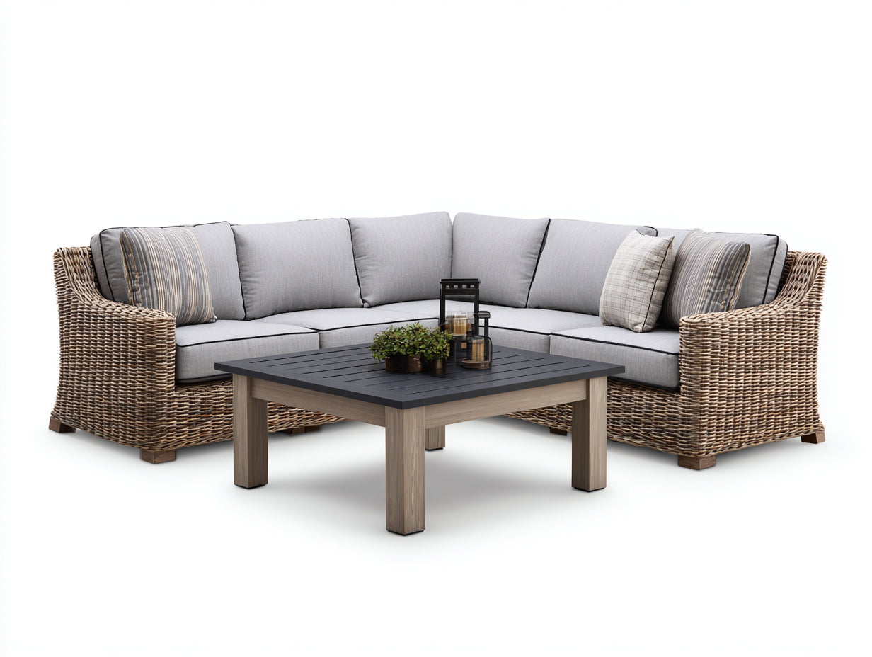 Divani da esterno - rattan PE-legno-tessuto - 260x260x76 cm - marrone naturale-grigio chiaro - stile lounge moderno