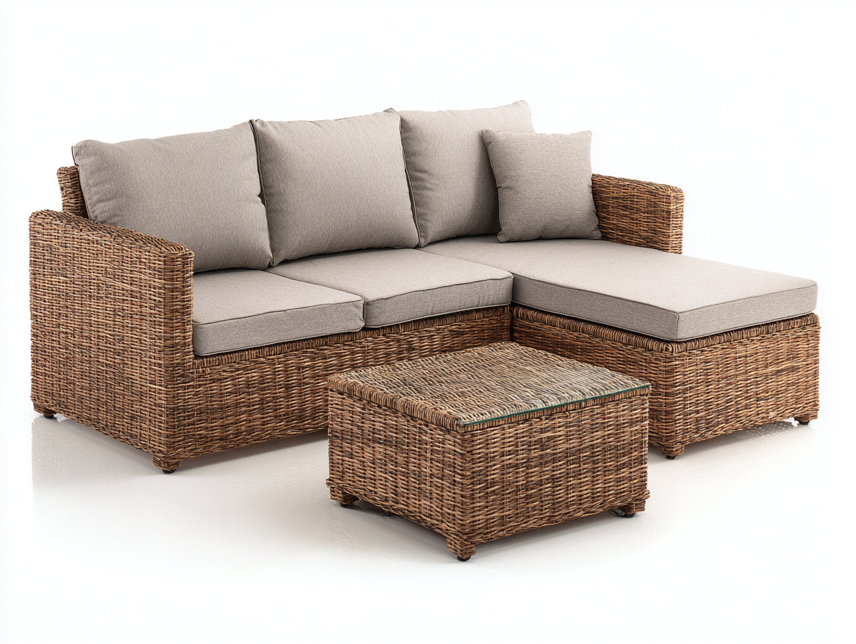 Divani da esterno - rattan PE-vetro-tessuto - 214x152x69 cm - marrone naturale-beige - stile lounge moderno