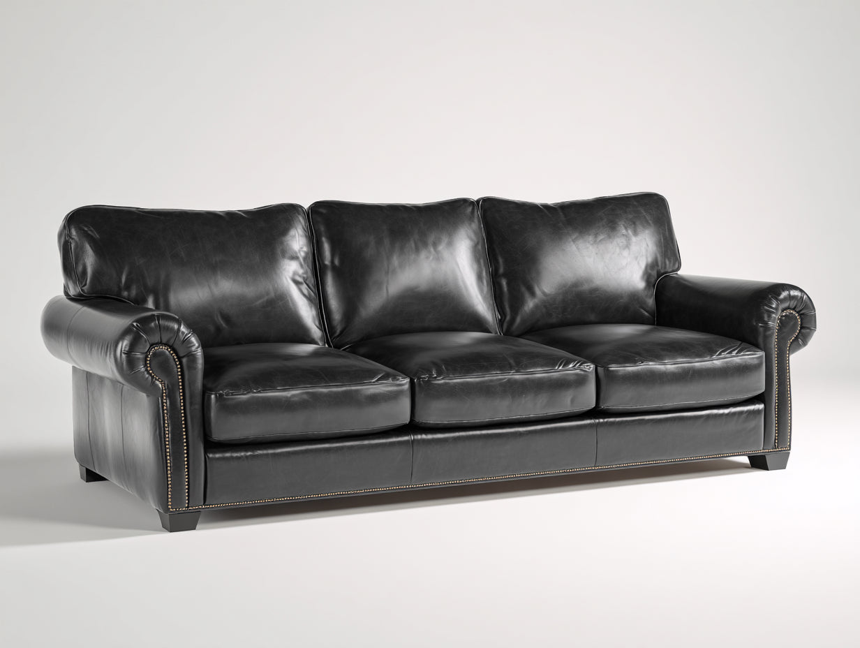 Divano lineare-pelle-225x95x82 cm-nero-stile classico