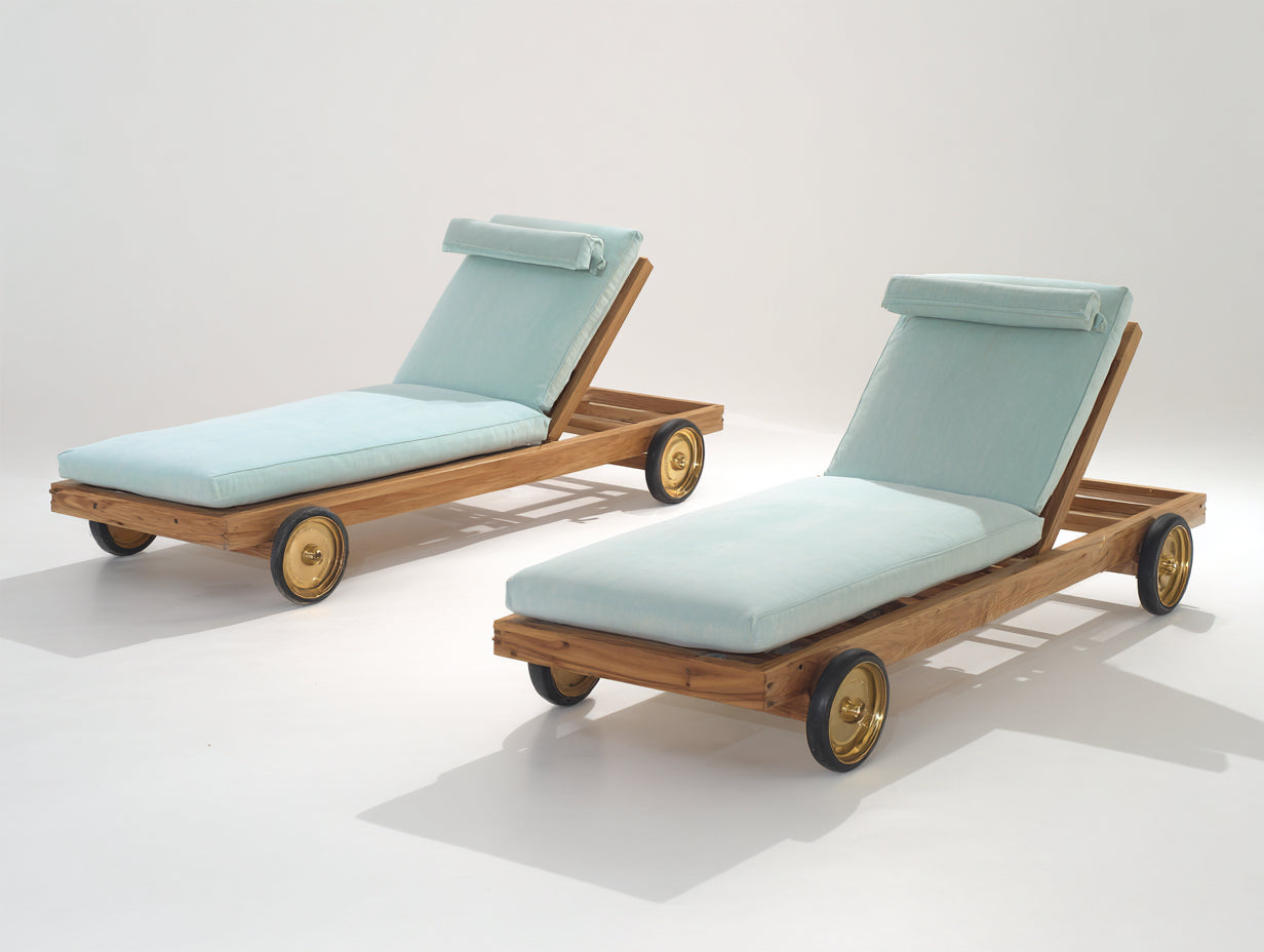 Lettino prendisole-legno-teak-tessuto tecnico-200x70x85 cm-legno naturale-azzurro-stile moderno da esterno con ruote