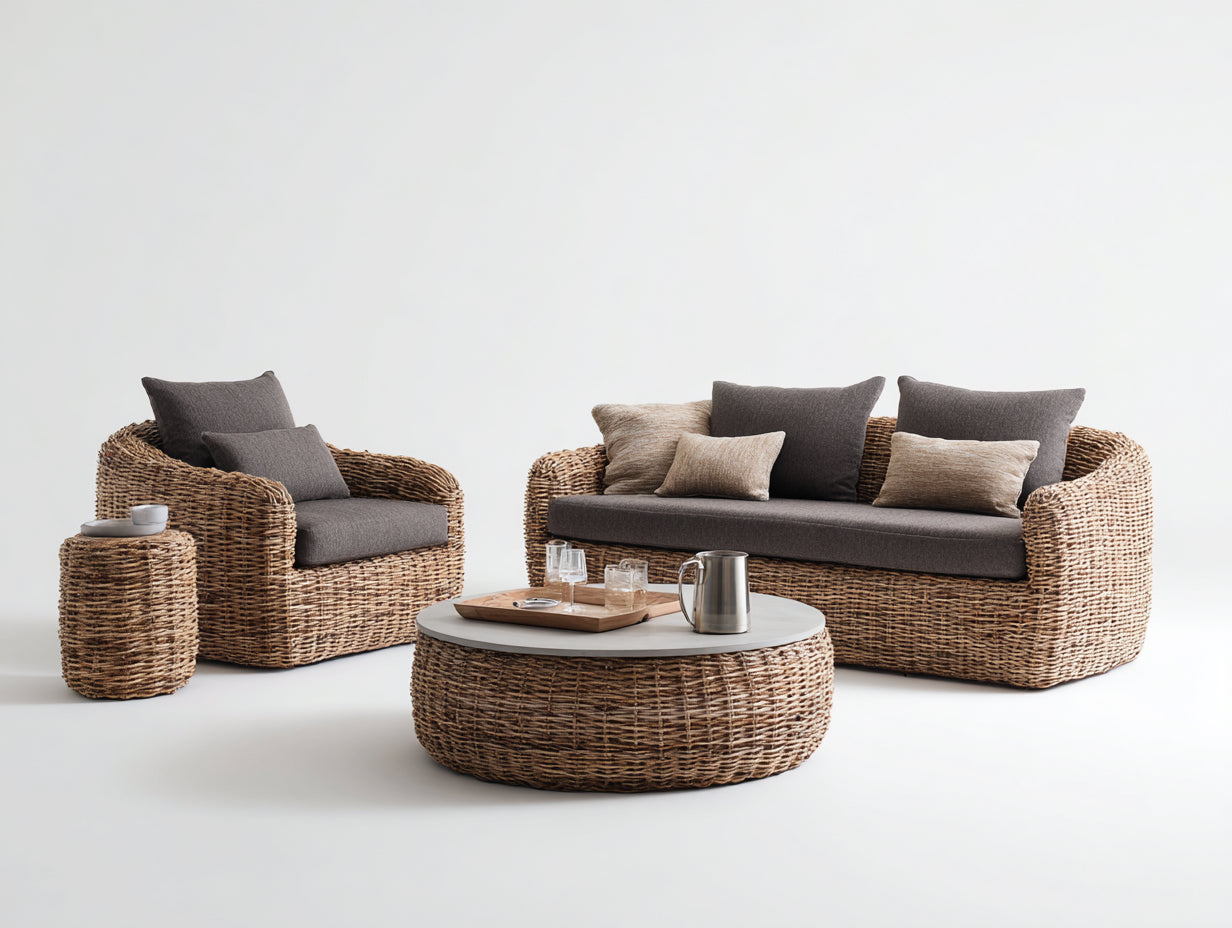 Divani da esterno - rattan sintetico-tessuto-legno - 190x85x75 cm - marrone-grigio - stile moderno