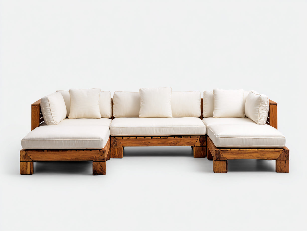 Divani da esterno - legno-tessuto - 285x200x75 cm - marrone-bianco - stile moderno